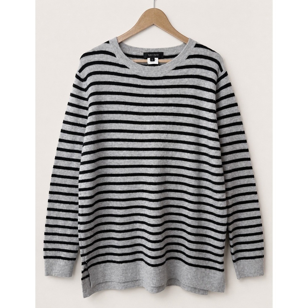 Karen Kane Black Striped Wool Camel Blend Soft Long Sleeve Crewneck Sweater Sz L